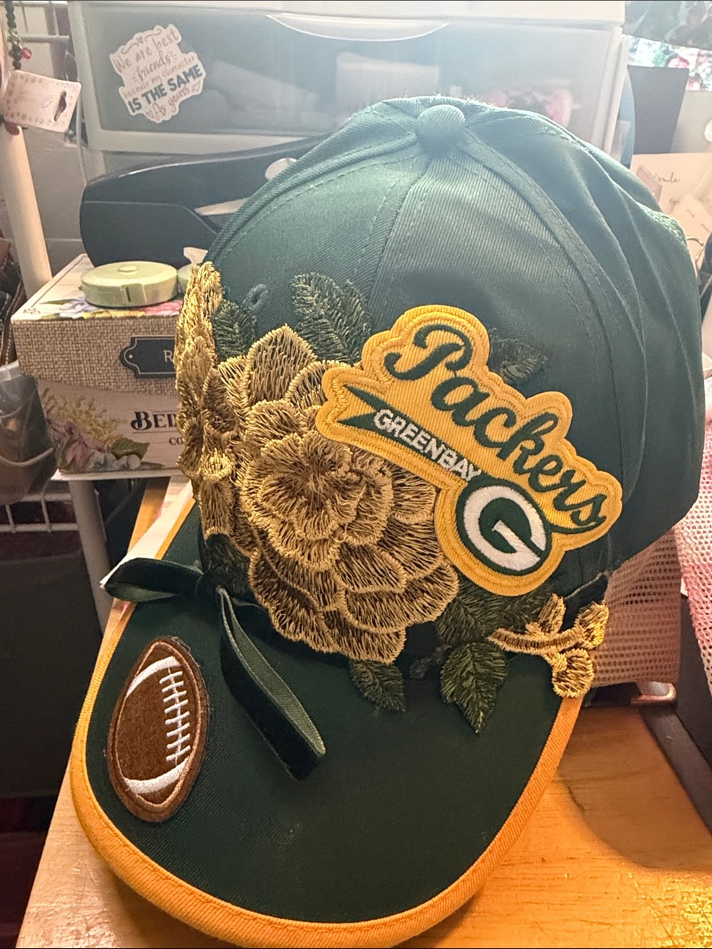 Green Embroidered Floral Cap